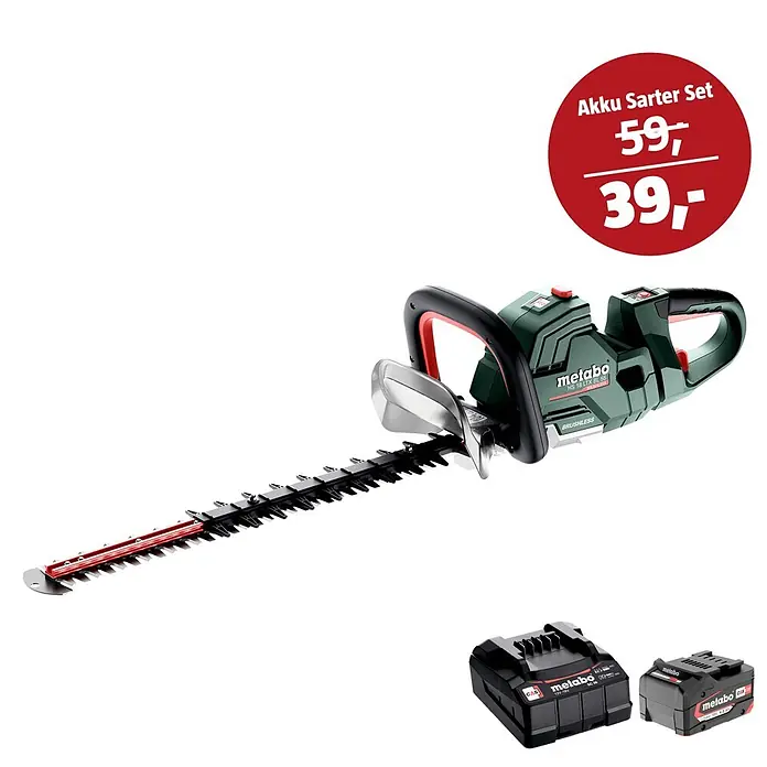 Metabo CAS 18V Maschinen-Set - Akku-Heckenschere HS 18 LTX BL 55 + 39€ Akku-Basis-Set - Metabo Akku Sarter Set: grün/schwarze Akku-Kettensäge (15 cm Blatt) und zwei Akkus.