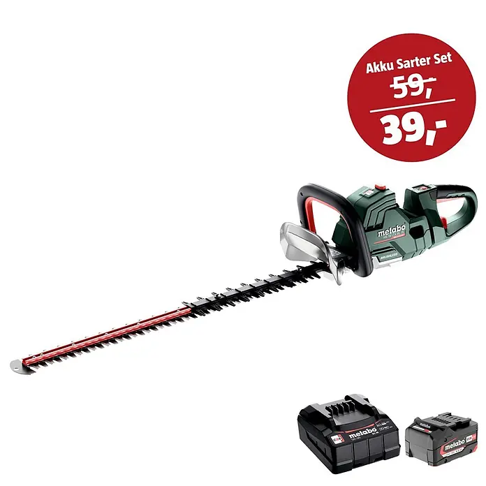 Metabo CAS 18V Maschinen-Set - Akku-Heckenschere HS 18 LTX BL 75 + 39€ Akku-Basis-Set - Metabo Akku Sarter Set: grün/schwarze Akku-Kettensäge (15 cm Blatt) und zwei Akkus.