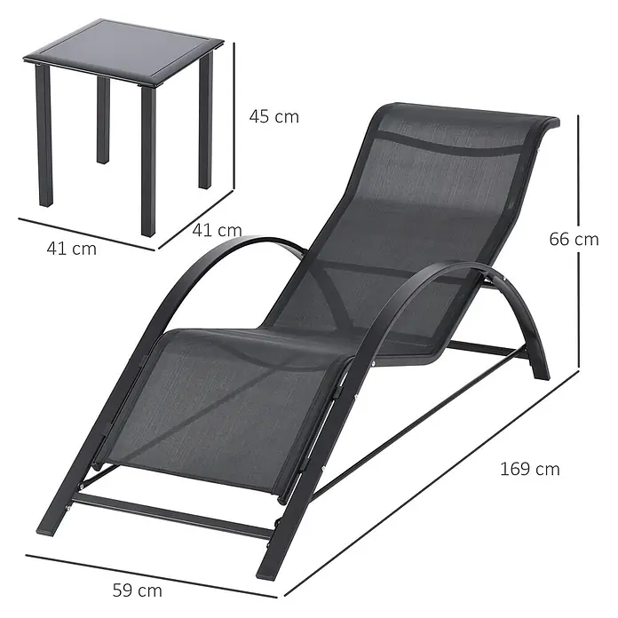 Outsunny Gartenliegen-Set 3-tlg. mit Tisch - Schwarz, Metall - Dunkelgraue Chaiselongue mit Netzgewebe und passender quadratischer Beistelltisch mit Glasplatte, beide mit schwarzen Metallrahmen.