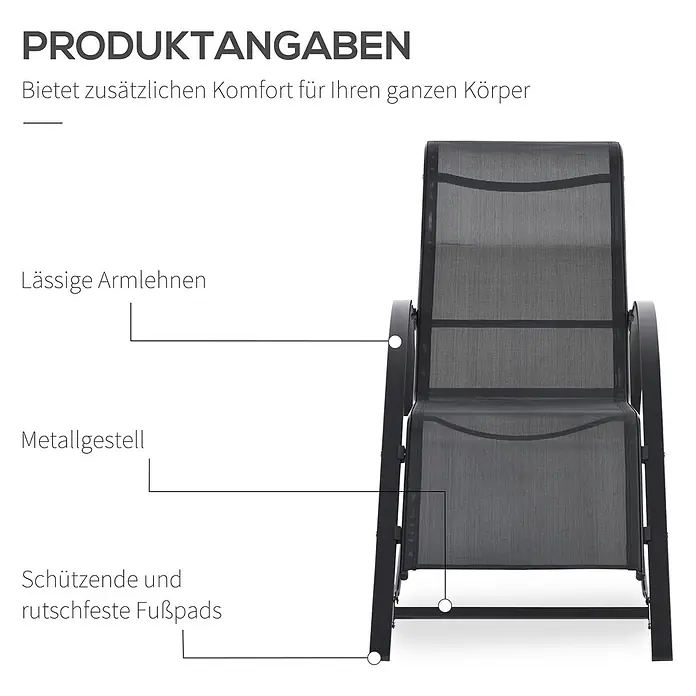 Outsunny Gartenliegen-Set 3-tlg. mit Tisch - Schwarz, Metall - Dunkelgrauer Liegestuhl mit schwarzem Metallgestell, lässigen Armlehnen und rutschfesten Fußpads. Bietet hohen Komfort für den ganzen Körper.