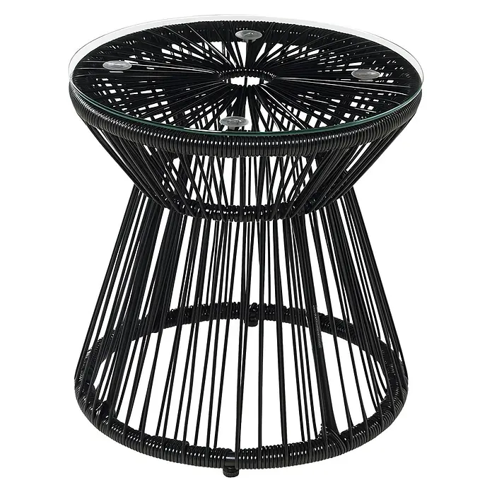 Outsunny Garten-Beistelltisch rund im Boho-Stil - Metall, PE-Rattan, Schwarz - Schwarzer Beistelltisch im Rattan-Stil mit Glasplatte und konischem Fuß.