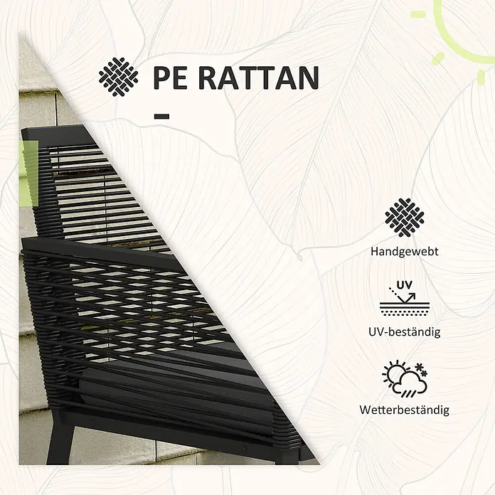 Outsunny Rattan Gartenmöbel-Set Schwarz 57L x 53B x 77H cm -  - Schwarzes, handgewebtes PE-Rattan-Gartenmöbel, UV- und wetterbeständig.