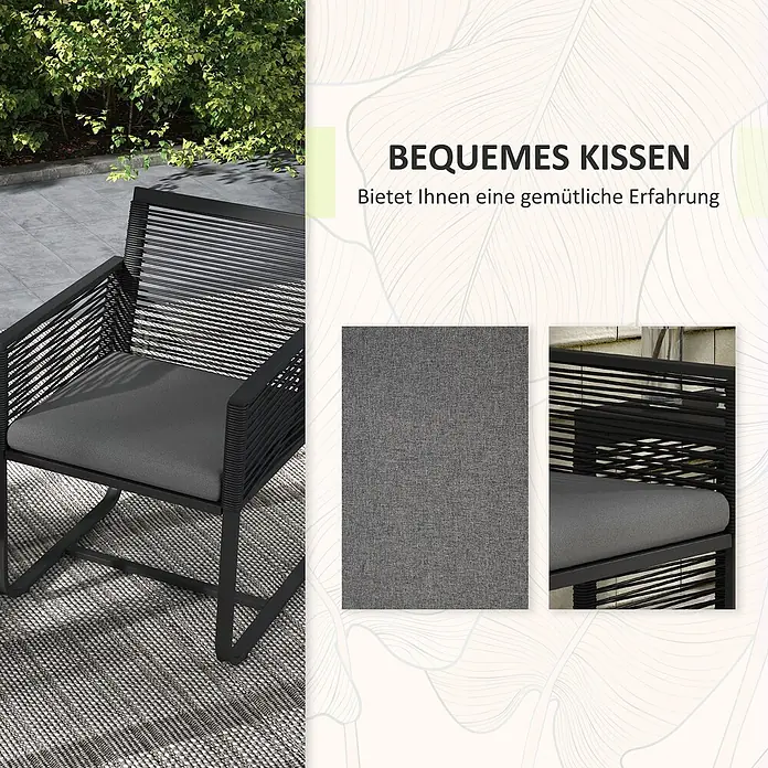 Outsunny Rattan Gartenmöbel-Set Schwarz 57L x 53B x 77H cm -  - Schwarzer Outdoor-Sessel aus Seil mit dunkelgrauem Kissen auf einer Terrasse, Nahaufnahmen von Kissenstoff und Stuhlrahmen.
