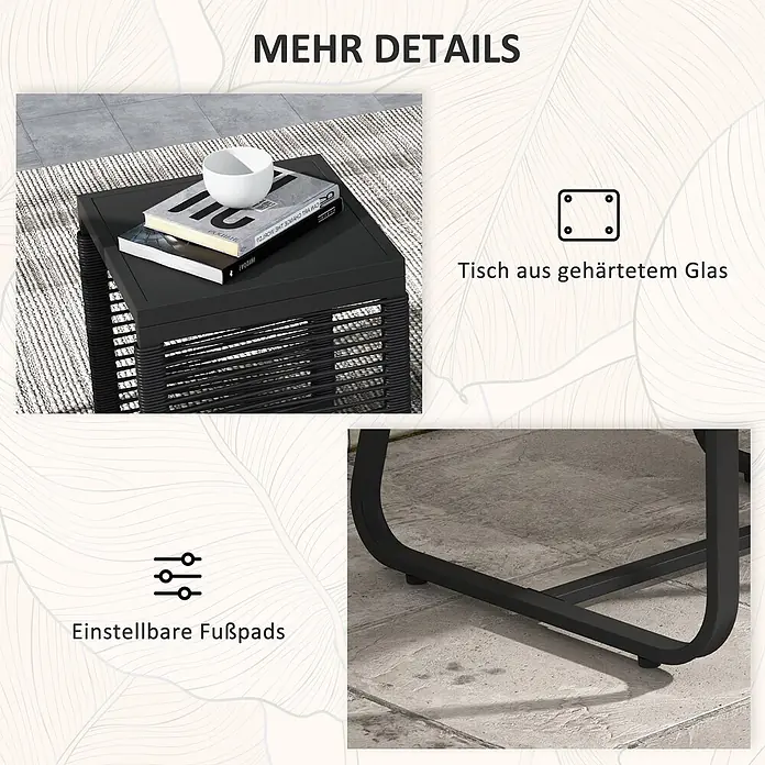 Outsunny Rattan Gartenmöbel-Set Schwarz 57L x 53B x 77H cm -  - Schwarzer Beistelltisch mit gehärteter Glasplatte und verstellbaren Fußpads.