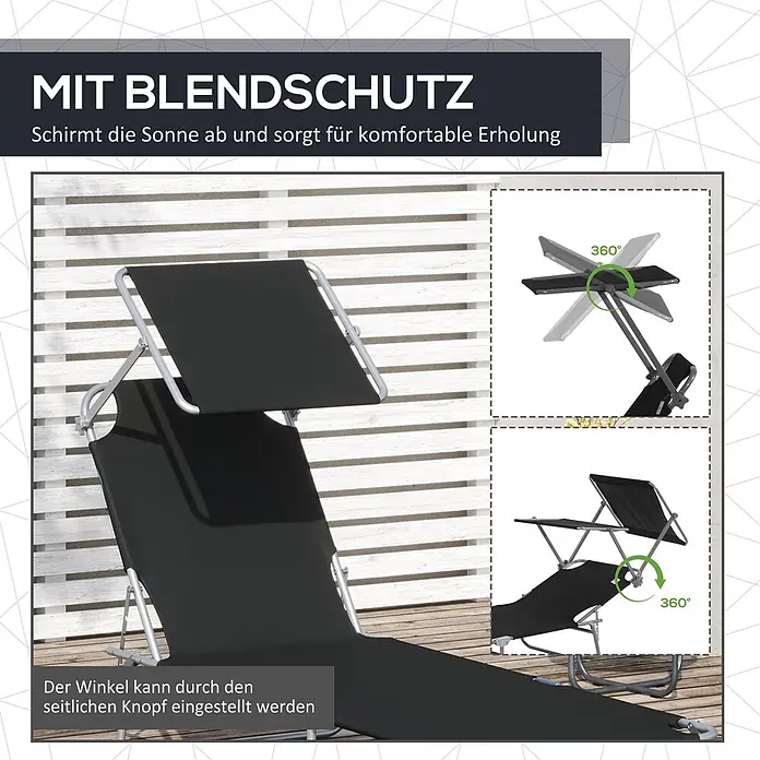 Outsunny Sonnenliege Schwarz 187L x 58B x 36Hcm -  - Schwarze Sonnenliege mit 360° drehbarem, winkelverstellbarem Sonnenschutz für Komfort und Entspannung.