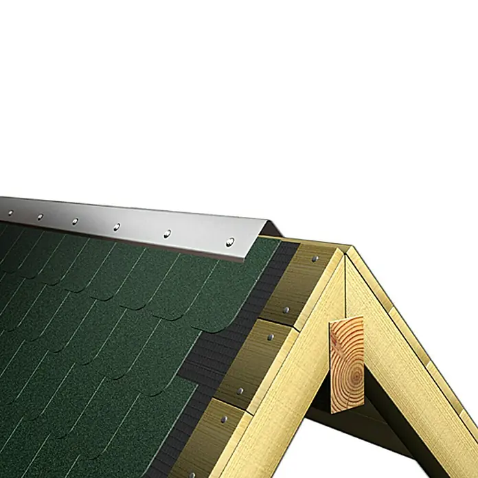 Sarei Firstblech - 1.000 x 125 x 125 mm, Aluminium - Detailansicht eines Daches mit grünen Dachziegeln und einer silbernen Traufblech, das die Kante schützt und das Wasser ableitet.