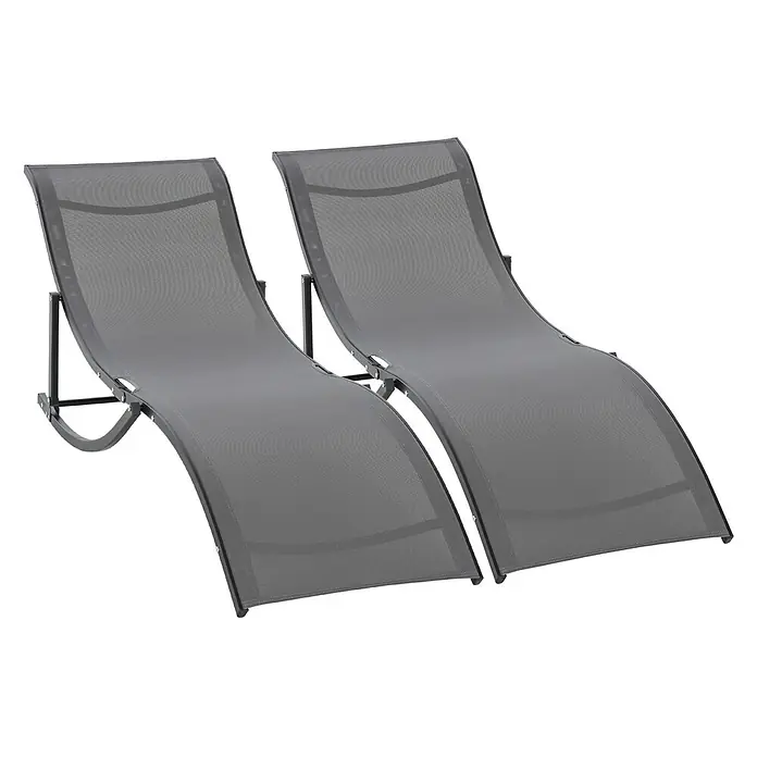 Outsunny Gartenliege - Dunkelgrau - Zwei dunkelgraue Netz-Sonnenliegen mit schwarzen Metallrahmen.
