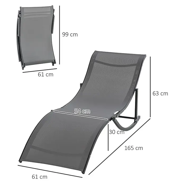 Outsunny Gartenliege - Dunkelgrau - Dunkelgraue klappbare Relaxliege mit Metallrahmen, ausgeklappt mit Maßen und zusammengeklappt für Lagerung.