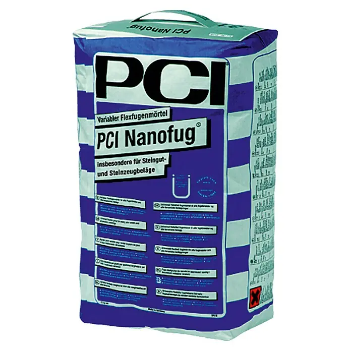 PCI Fugenmörtel NanofugManhattan, 15 kg - Produktabbildung: PCI Nanofug flexibler Fugenmörtel für Steingut- und Steinzeugbeläge, ideal für vielfältige Anwendungen.