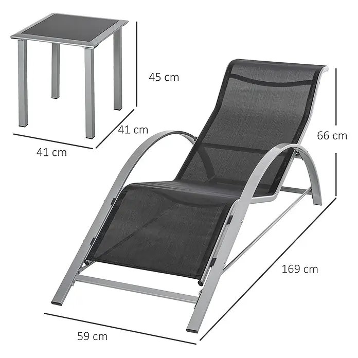 Outsunny Gartenliegen-Set 3-tlg. mit Tisch - Schwarz, Silber, Metall - Dunkelgraue Textilene-Sonnenliege mit hellgrauem Metallrahmen und passendem quadratischem Beistelltisch für entspannte Stunden im Freien.