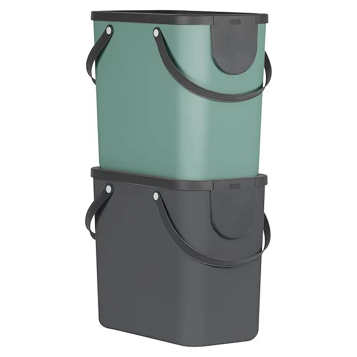 Rotho Albula Sistema de separación de residuos Albula - 25 l, Plástico, Verde muérdago - Dos cubos de plástico rectangulares apilados, uno verde menta, uno gris oscuro, con tapas y asas gris oscuro.