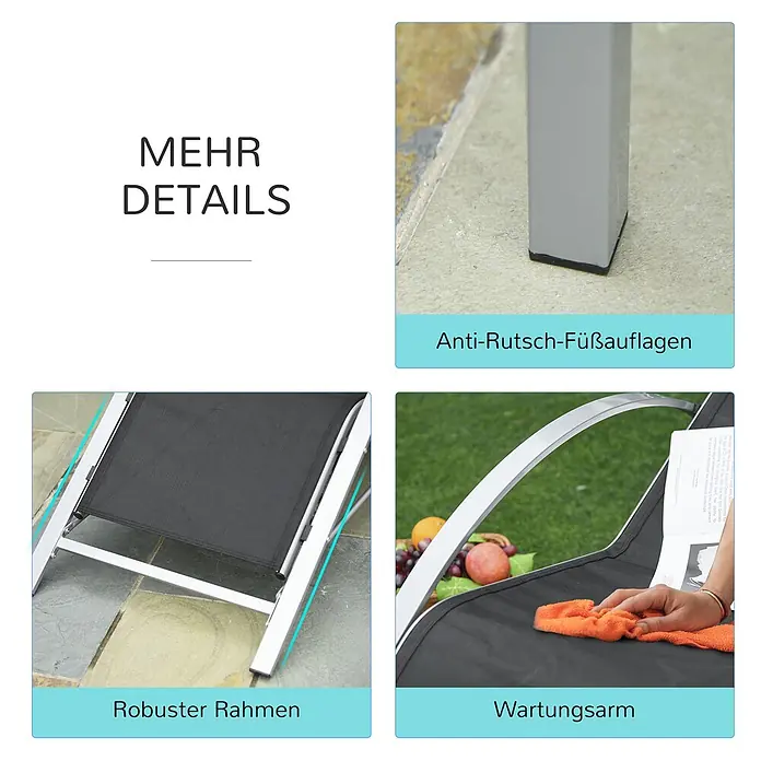 Outsunny Gartenliegen-Set 3-tlg. mit Tisch - Schwarz, Silber, Metall - Detaillierte Ansicht einer Sonnenliege mit rutschfesten Füßen, robustem Rahmen und pflegeleichtem Material.