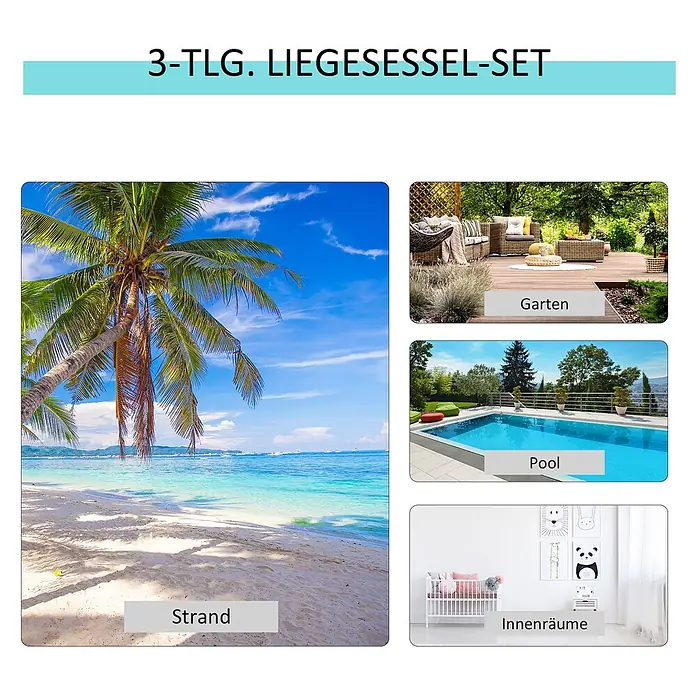 Outsunny Gartenliegen-Set 3-tlg. mit Tisch - Schwarz, Silber, Metall - Bild, das mögliche Umgebungen für ein 3-tlg. Liegesessel-Set zeigt: Strand, Garten, Pool und Innenräume.