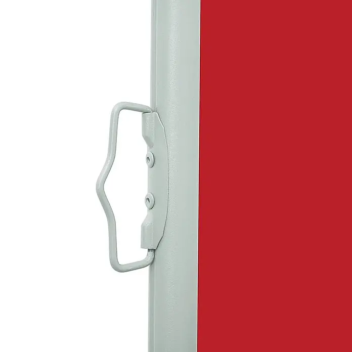 vidaXL Seitenmarkise Rot 300 x 300 x 170 cm Stoff -  - Hellgrauer Metallgriff an einer grauen Stange, neben einem roten ausziehbaren Sichtschutz.