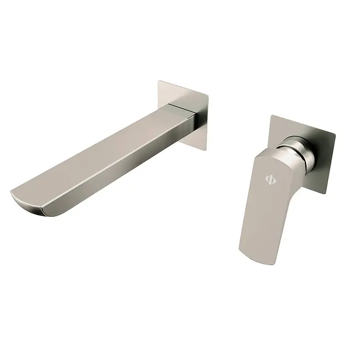 IO Grifo de lavabo empotrado Marriot - Nickel - Grifo de pared cromado satinado con un elegante caño rectangular y control de palanca única.