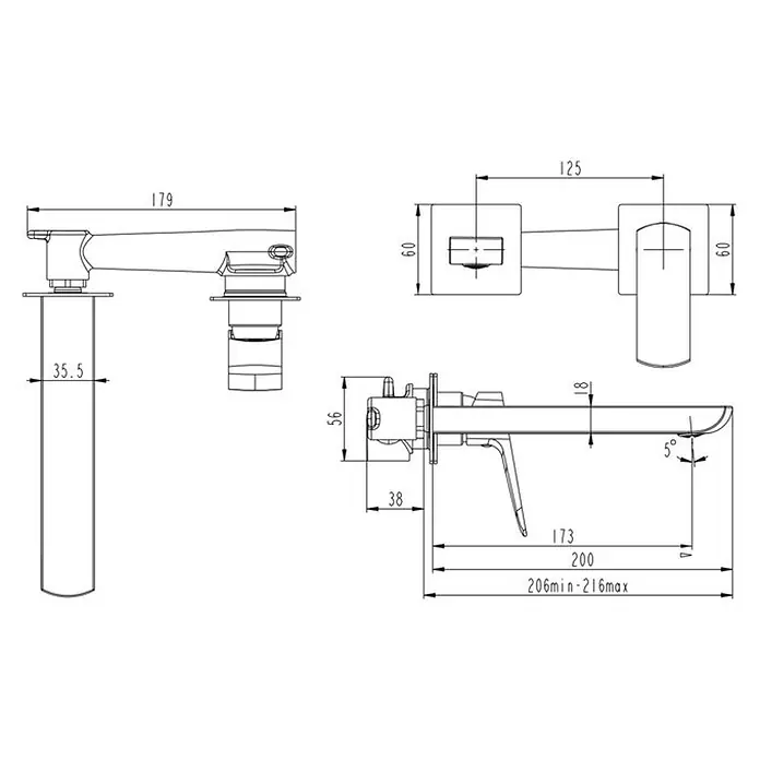 IO Grifo de lavabo empotrado Marriot - Cromo - Dibujo técnico de un grifo con dimensiones en múltiples vistas.