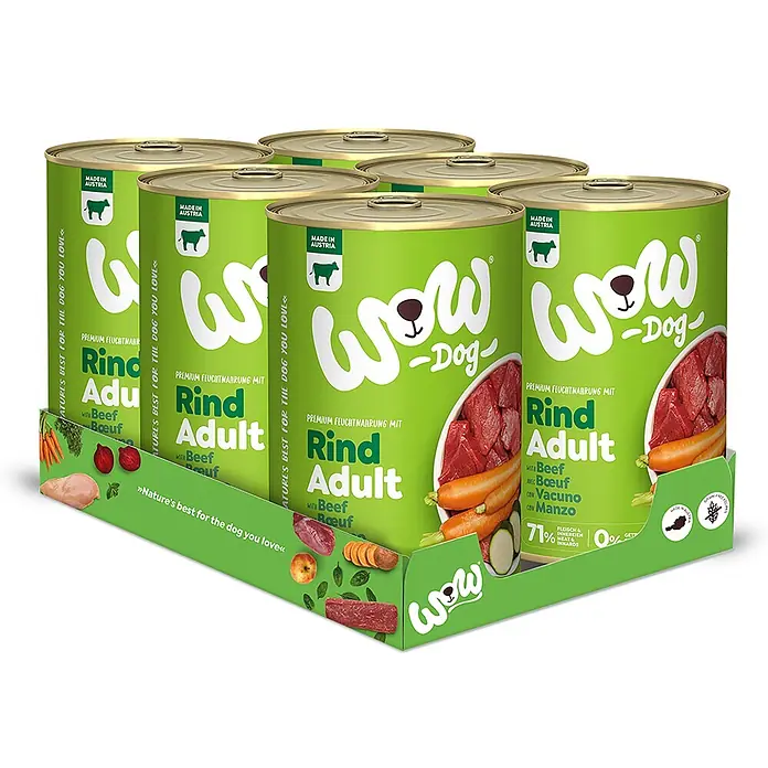 WOW Dog Hundenassfutter - 2.400 g, Alleinfuttermittel - Sechs grüne WOW Dog Adult Rind Nassfutterdosen in einer Kartonschale.