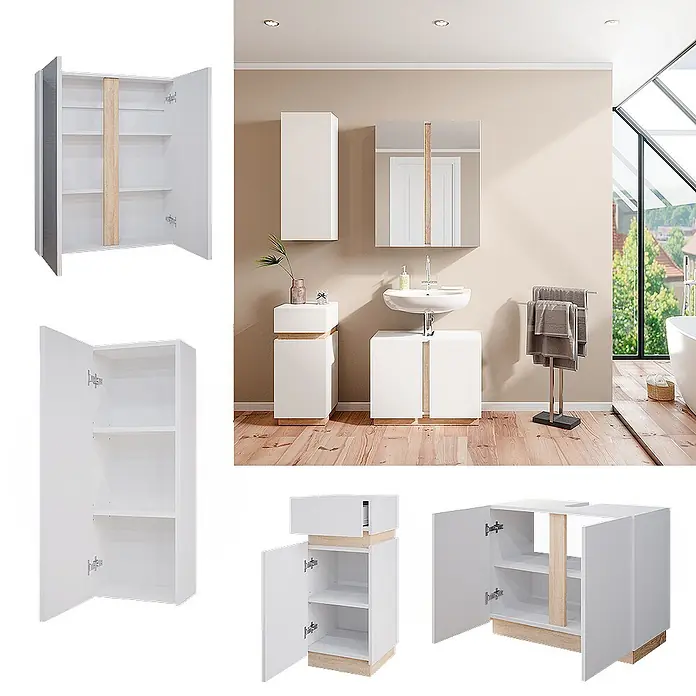 Badmöbel-Set Gloria 70 cm Weiß Art.-Nr. 40890 -  - Weißes Badezimmermöbel-Set mit Holzdetails, inklusive Wandschränken, Spiegel und Waschtischunterschrank für Stauraum.