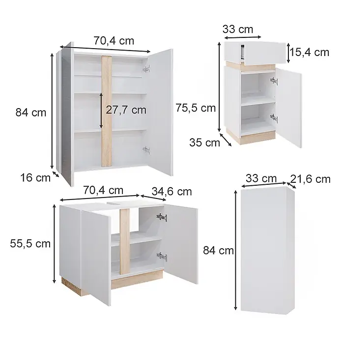 Badmöbel-Set Gloria 70 cm Weiß Art.-Nr. 40890 -  - Set weißer Schränke mit hellen Holzelementen, aus verschiedenen Winkeln mit Maßen dargestellt.