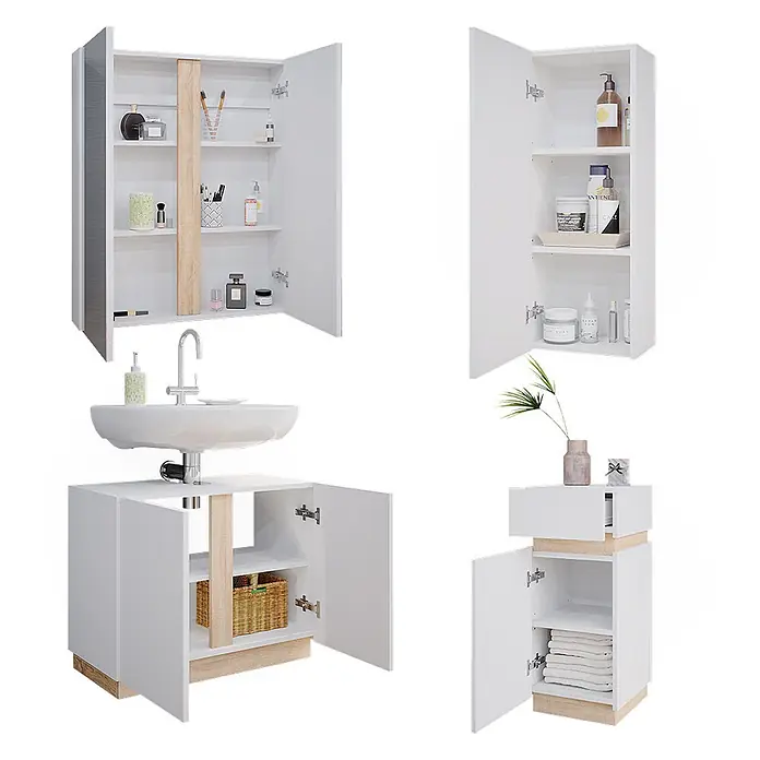 Badmöbel-Set Gloria 70 cm Weiß Art.-Nr. 40890 -  - Badezimmermöbel-Set aus Weiß und hellem Holz, bestehend aus Waschtisch mit Waschbecken, Wandschränken und Beistellschrank.