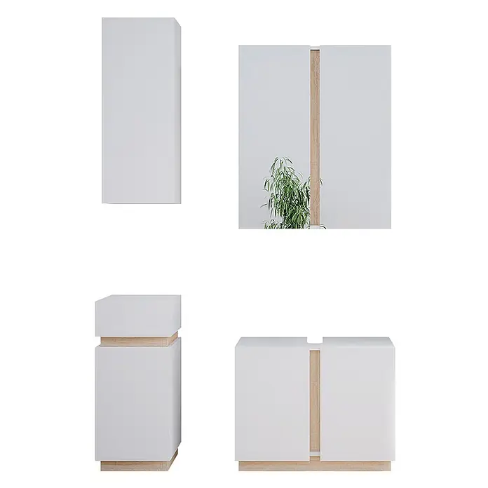 Badmöbel-Set Gloria 70 cm Weiß Art.-Nr. 40890 -  - Modulares Aufbewahrungsmöbel-Set in Weiß und hellem Holz, mit verschiedenen Schranktypen und Kontrastelementen.