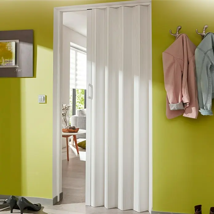 Falttür - PVC, Esche Weiß, 100 x 200 cm - Elegante, weiße Falttür zur platzsparenden Raumtrennung. Praktische Lösung für moderne Wohnräume, die Flexibilität und Stil vereint.