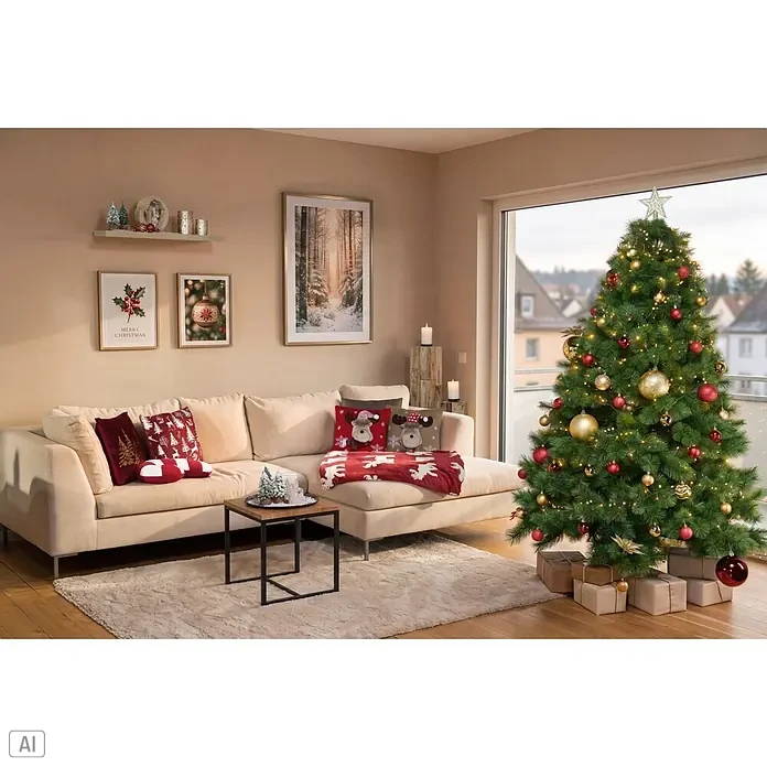 Kissen Pinegrove - 45 x 45 cm, Rot, Quadratisch - Ein gemütliches, weihnachtlich dekoriertes Wohnzimmer mit beleuchtetem Baum, bequemem Sofa mit festlichen Kissen und Decke, sowie weihnachtlicher Wanddeko.