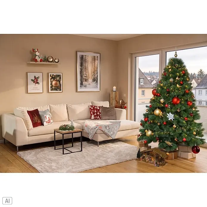 Kissen Pinegrove - 45 x 45 cm, Rot, Quadratisch - Beiges L-förmiges Sofa in einem weihnachtlich dekorierten Wohnzimmer mit festlichem Baum, Kissen und Dekoration.