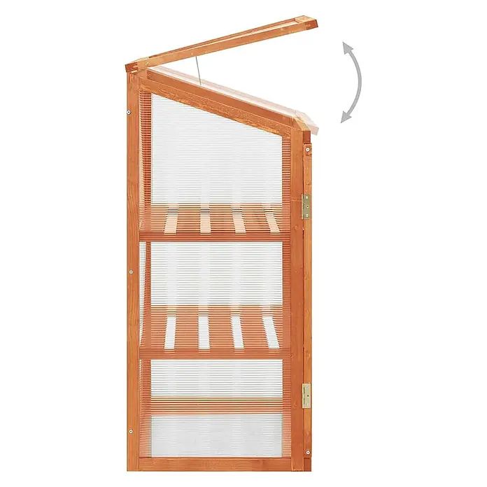 Furnicato Gewächshaus aus Tannenholz und PC-Platten, 60 x 45 x 85/100 cm -  - Braunes Holz-Gewächshaus mit transparenten Platten und drei Regalböden. Das aufklappbare Dach ist zur Belüftung geöffnet.