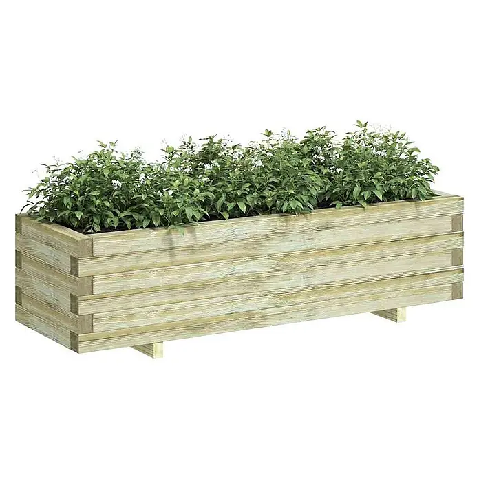 Furnicato Garten-Hochbeet Kiefernholz grün imprägniert 120 x 40 x 30 cm -  - Rechteckiger Holz-Pflanzkasten mit grünen Pflanzen und weißen Blüten, hellem Holzdesign und erhöhten Füßen.