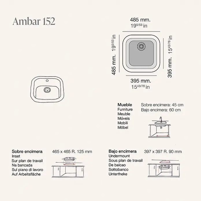 Poalgi Fregadero encastrable Ámbar - 48,5 x 48,5 cm, Material compuesto, Blanco - Un fregadero de cocina cuadrado de una cubeta con dimensiones y diagramas para instalación empotrada y bajo encimera.