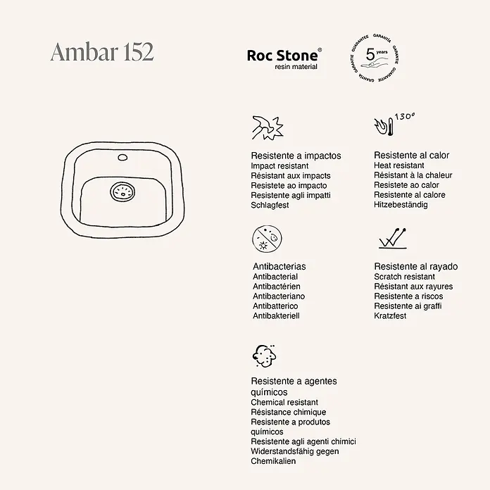 Poalgi Fregadero encastrable Ámbar - 48,5 x 48,5 cm, Material compuesto, Blanco - Diagrama de un fregadero de cocina Ambar 152 de un seno, hecho de resina Roc Stone, con desagüe y rebosadero.