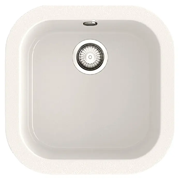 Poalgi Fregadero encastrable Ámbar - 48,5 x 48,5 cm, Material compuesto, Blanco - Fregadero cuadrado blanco con esquinas redondeadas, con desagüe metálico central y orificio de rebose.