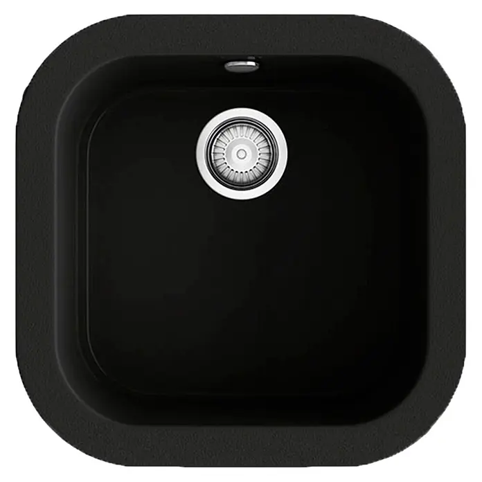 Poalgi Fregadero encastrable Ámbar - 48,5 x 48,5 cm, Material compuesto, Negro - Vista superior de un fregadero de cocina rectangular negro de composite con esquinas redondeadas y un desagüe plateado.