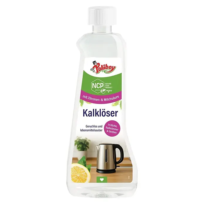 Poliboy Entkalker NCP - 500 ml, Flasche - Poliboy Kalklöser mit Zitronen- & Milchsäure in transparenter Flasche mit weißem Deckel.