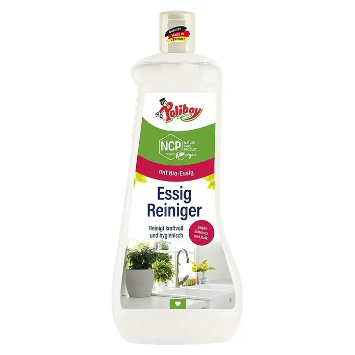 Poliboy Essig-Reiniger NCP - 1 ml, Flasche - Weiße Poliboy Bio-Essigreinigerflasche, hergestellt in Deutschland, für Schmutz und Kalk, am Küchenspülbecken.