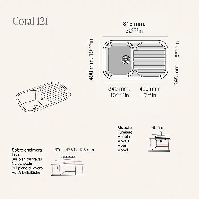Poalgi Fregadero encastrable Coral - 48,5 x 81 cm, Negro - Fregadero de cocina rectangular gris con un seno y escurridor a la derecha, mostrado con dimensiones y guía de instalación.