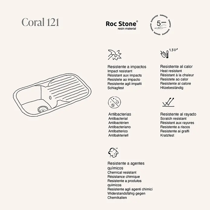 Poalgi Fregadero encastrable Coral - 48,5 x 81 cm, Negro - Dibujo técnico de un fregadero de cocina Coral 121 de resina Roc Stone, destacando sus características de durabilidad.