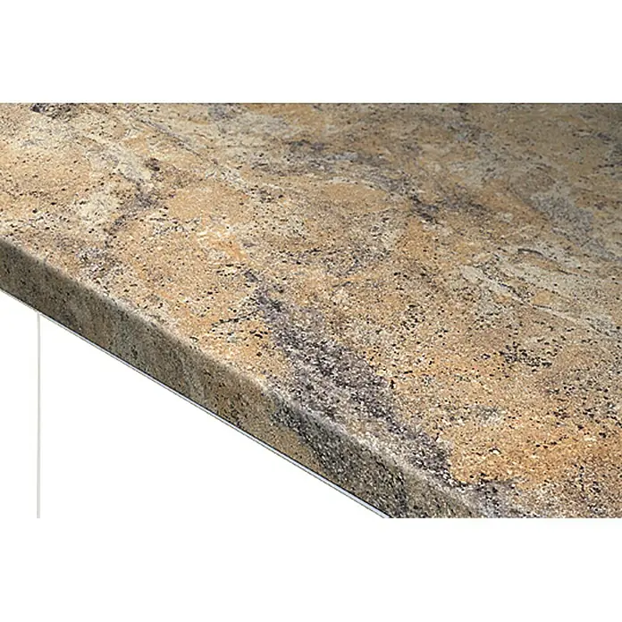 Resopal Premium Encimera de cocina al corte - Granito Zaragoza, Espesor: 3,8 cm, Ancho: 60 cm - Primer plano de una encimera de cocina con aspecto de piedra natural en tonos cálidos de marrones y beiges.