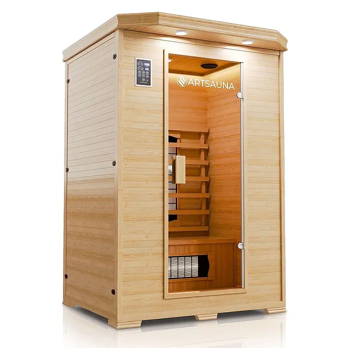 Infrarotkabine Oslo mit Vollspektrumstrahler -  - Moderne Infrarotsaunakabine aus hellem Holz mit Glastür und Bedienfeld.