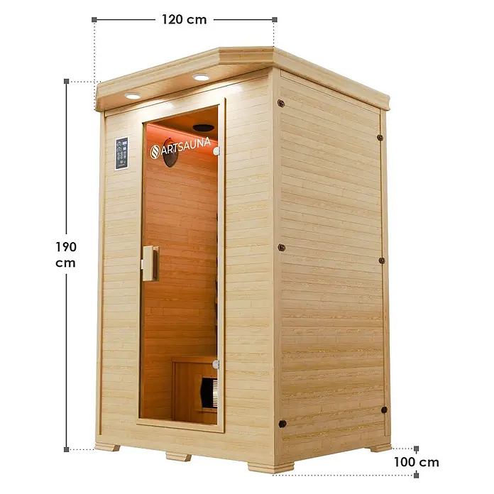 Infrarotkabine Oslo mit Vollspektrumstrahler -  - Hölzerne Infrarotsaunakabine mit Glastür, Maße 190 cm (H) x 120 cm (B) x 100 cm (T).