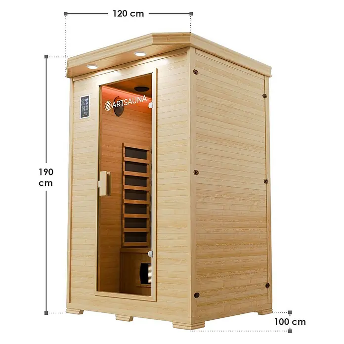 Infrarotkabine Oslo mit Triplex-Heizsystem -  - Infrarot-Saunakabine aus hellem Holz mit Glastür und Beleuchtung, Maße 190x120x100 cm.