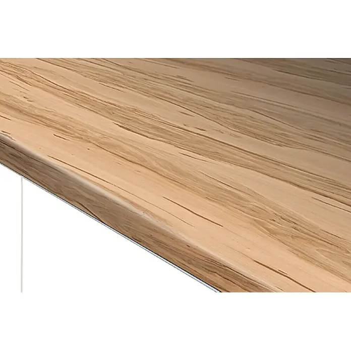 Resopal Encimera de cocina al corte - Heart Apple, Espesor: 38 mm, Ancho: 90 cm - Primer plano de una encimera de madera clara con grano y una superficie blanca debajo, ideal para el diseño de cocinas.