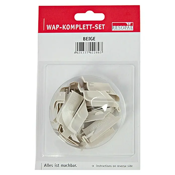 Resopal Kit de accesorios - Beige claro, 14 pzs. - Embalaje de Resopal WAP-Komplett-Set en beige, contiene varias piezas de plástico para montaje en pared.