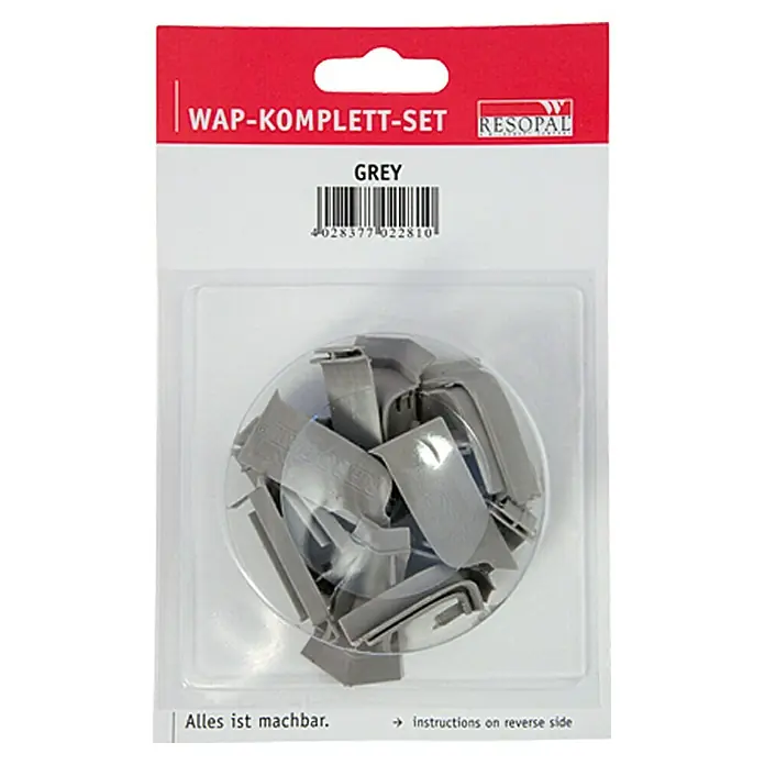 Resopal Kit de accesorios - Gris claro, 14 pzs. - Accesorios Resopal WAP-Komplett-Set empaquetados en gris, ideales para la instalación.