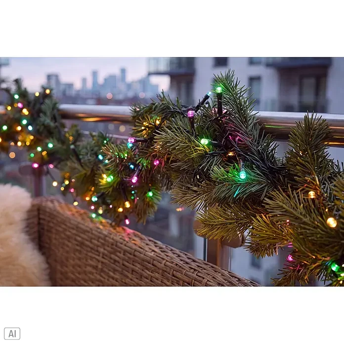 Konstsmide LED-Clusterlichterkette Pastell - Außen, Länge: 8,78 cm, 400 Stk., Netzbetrieben - Festliche bunte LED-Weihnachtsgirlande aus grünen Kunsttannenzweigen auf einem Balkongeländer, mit Korbstuhl und Stadtsilhouette im Hintergrund.