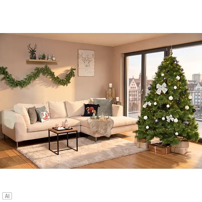 Mica Decorations Deko-Schleife - Irisierend, 2 Stk. - Festlich dekoriertes Wohnzimmer mit Weihnachtsbaum, gemütlichem Sofa und Feiertagsakzenten.