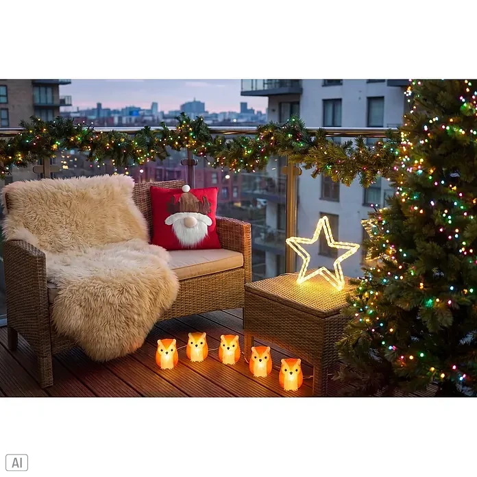 Konstsmide LED-Dekofigur Sova - Außen, Lichtfarbe: Warmweiß, Anzahl Leuchtmittel: 40 Stk., Netzbetrieben - Festlich dekorierter Balkon mit leuchtender Weihnachtsgirlande, Baum, Stern und Eulenlichtern für gemütliche Atmosphäre.