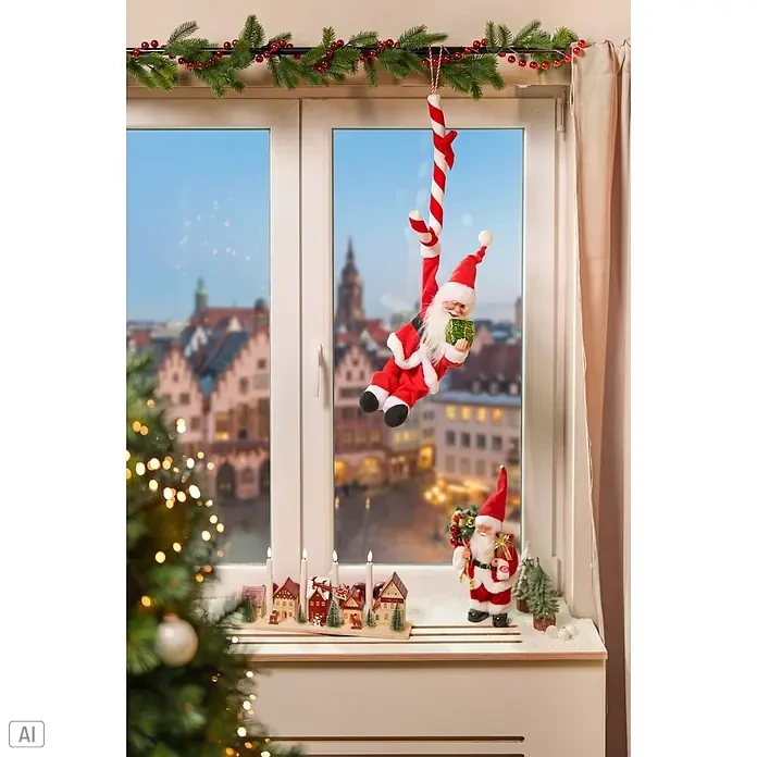 Mica Decorations Dekofigur an Zuckerstange hängend - L x B x H: 35 x 15 x 77 cm, Polyester - Hängende Weihnachtsmann-Dekoration in Rot und Weiß, ein grünes Geschenk haltend, an einem rot-weißen Zuckerstangen-Haken.