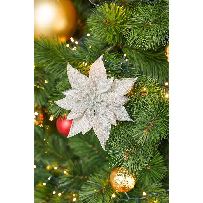 Dekoblüte Weihnachtsstern mit Clip - Durchmesser: 18 cm, Kunststoff, Silber, Christrose - Silberne Glitzer-Poinsettie am Weihnachtsbaum mit Lichtern und Kugeln.